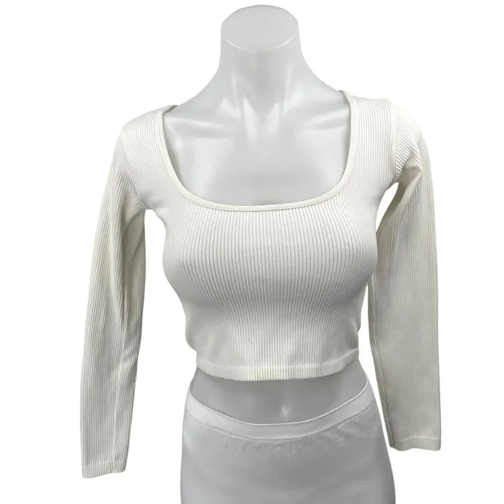Zara Women's White Long Sleeve Ribbed Knit Square Neck Sweater Crop Top Size M-L